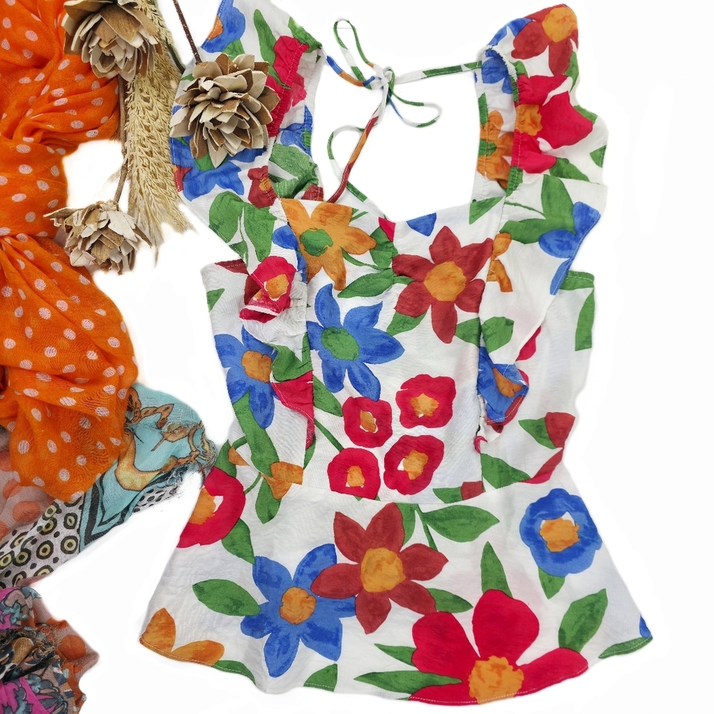 Skies Are Blue Floral Ruffle Tie-Back Women’s White Multi Colored Top Sz Xs